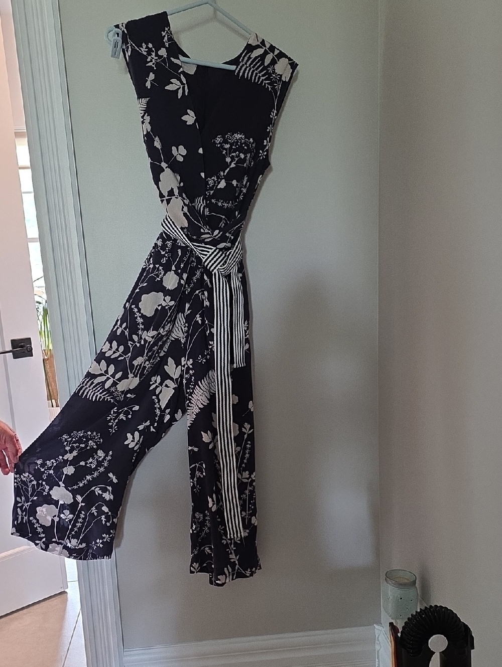 Black & White Floral Wrap-Front Jumpsuit with Striped Tie